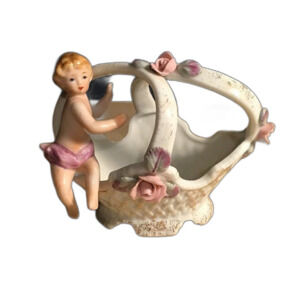 Rare Vintage Porcelain Basket Pink Roses And Child With Gold Accents Japan